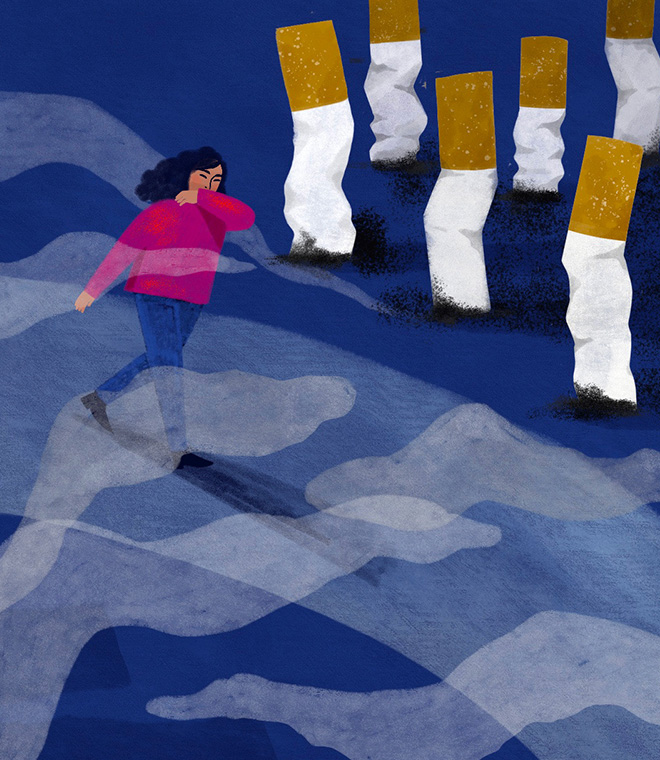 Illustration of a girl walking through cigarette smoke