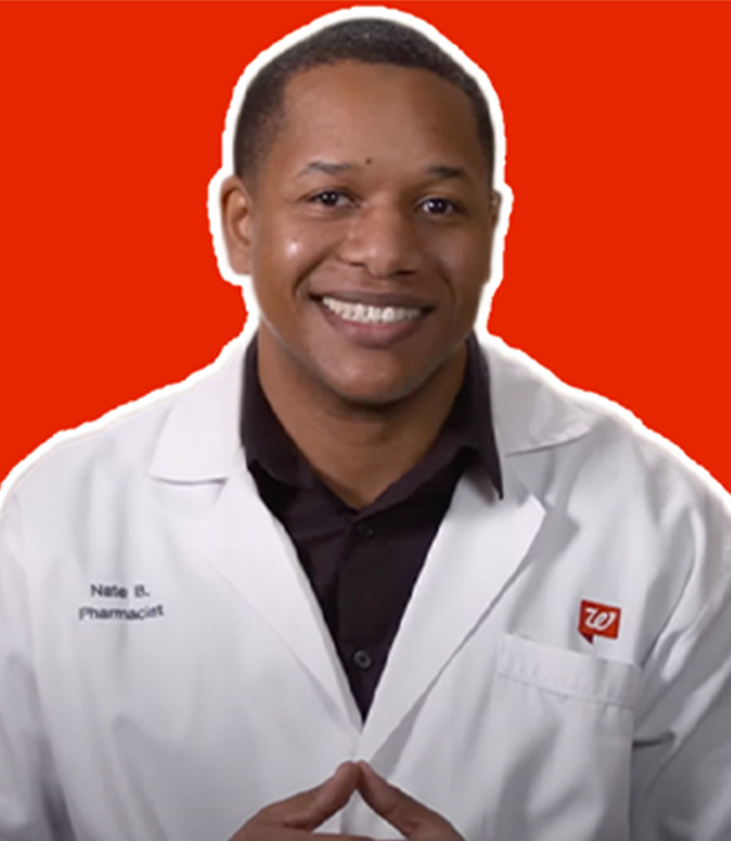 Pharmacist Nate on red background