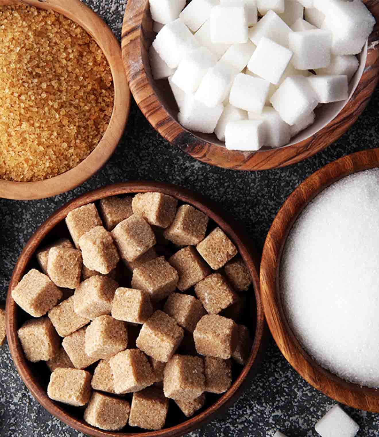 Bowls of different types of sugar