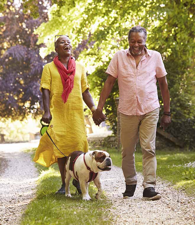 Couple walking dog