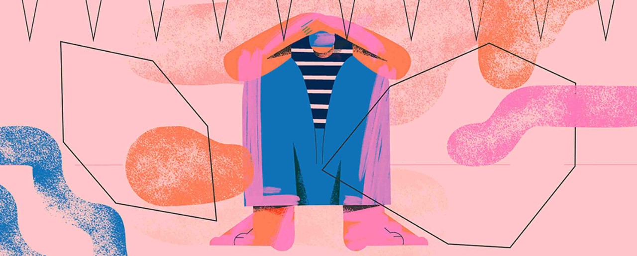 Graphic of a person sitting against a wall and holding their head